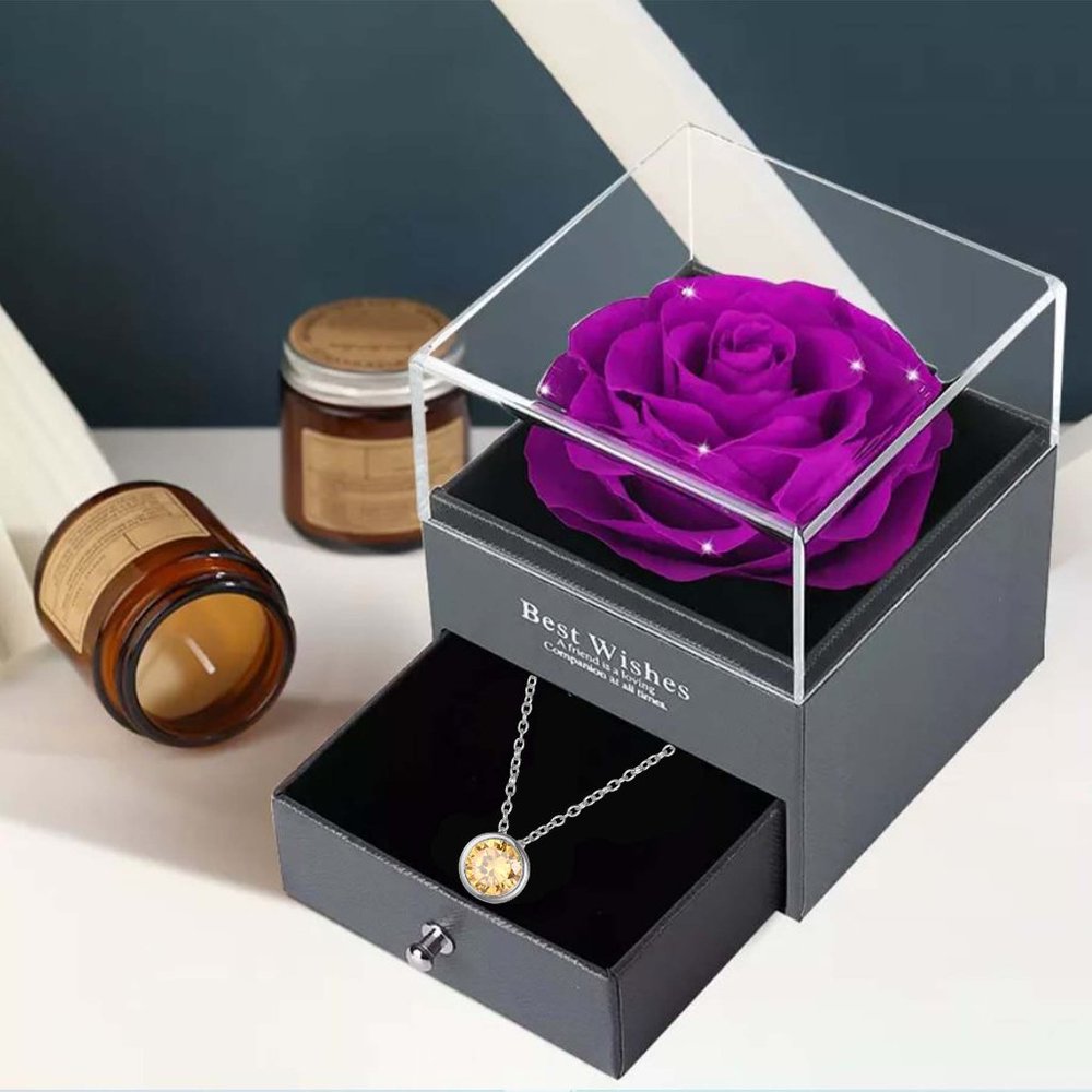 Preserved Rose In a Acrylic Box with Silver Plated November Birthstone Necklace